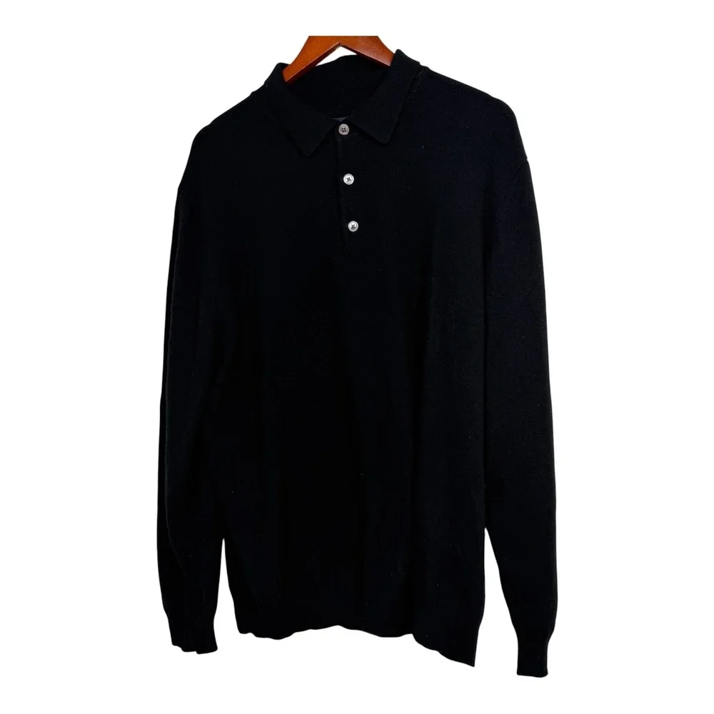 Lands End Mens XL Black 100% Cashmere Long Sleeve Polo Sweater 3 Button Knit